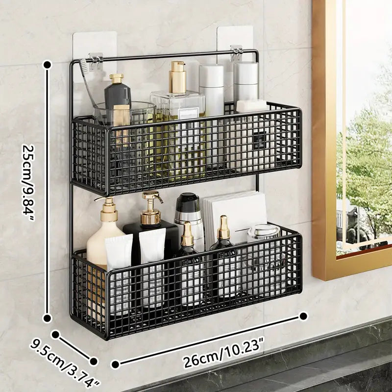 2 Layer Shelving Basket, Wall Mounted Bathroom Rack, Multifunctional Toiletries Organizer, Free Punch Condiment Storage Basket, Kitchen Wall-mounted Storage Basket 2 Layer Shelving Basket, Wall Mounted Bathroom Rack, Multifunctional Toiletries Organizer, Free Punch Condiment Storage Basket, Kitchen Wall-mounted Storage Basket